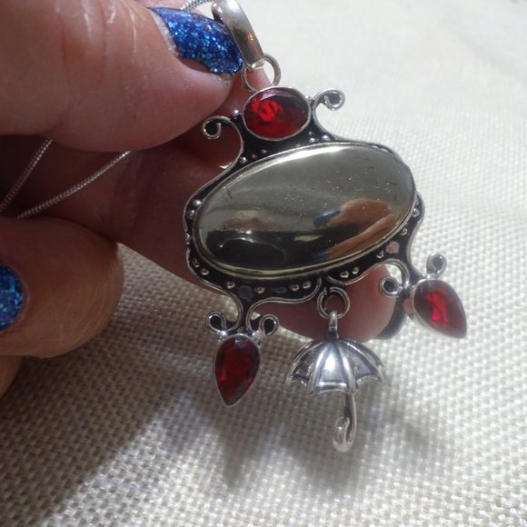 Unique "APACHE PYRITE & RUBY" UMBRELLA Handmade Sterling Pendant/Chain #48B - Picture 2 of 3